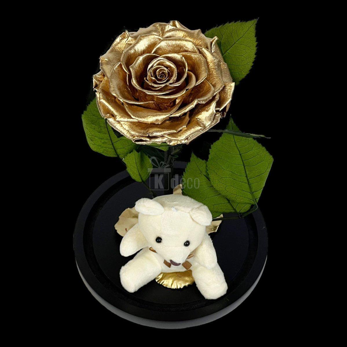 Trandafir Criogenat Bonita Auriu 9-9,5cm, Cupola de Sticla, Blat Lemn, Cu Ursulet - Kdeco.ro