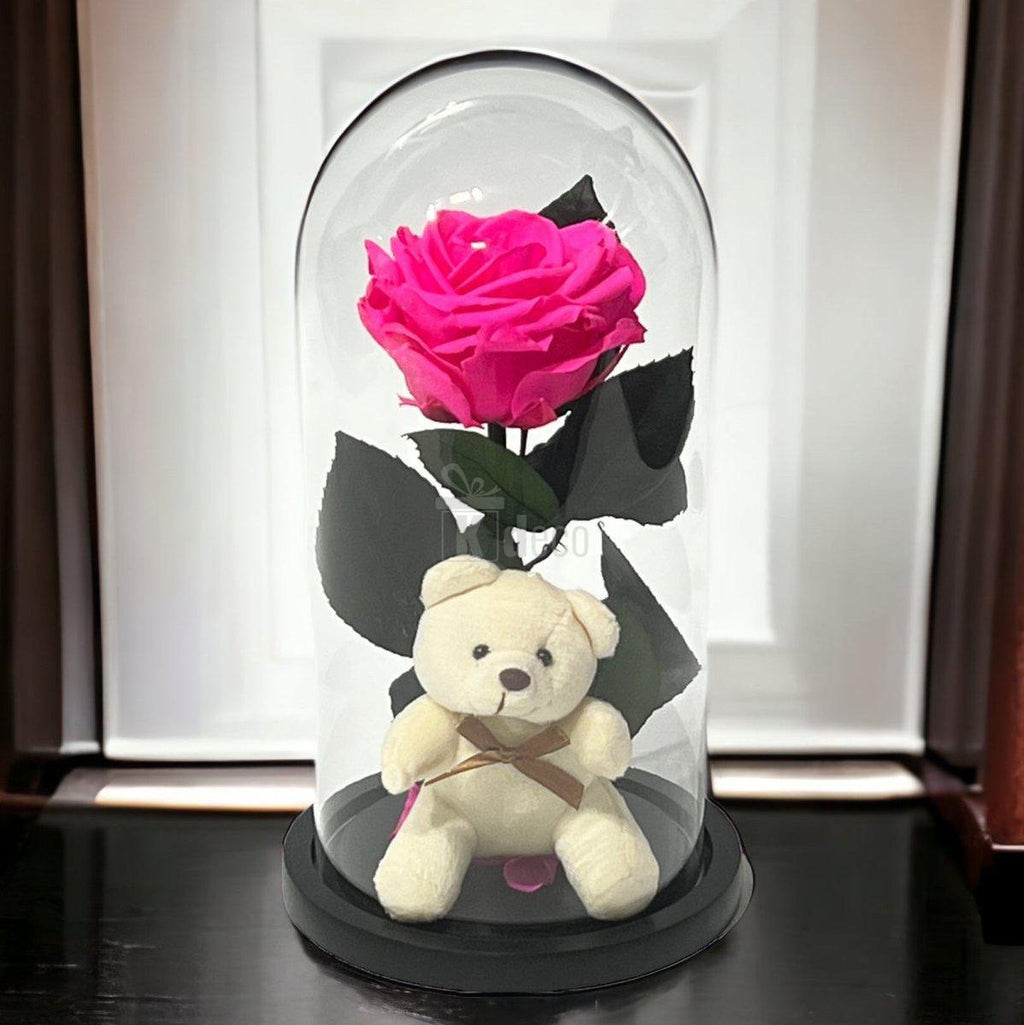 Trandafir Criogenat Premium Ciclam 8cm cu Ursulet - Cupola Sticla - Cadou Etern 25 Ani - Kdeco.ro