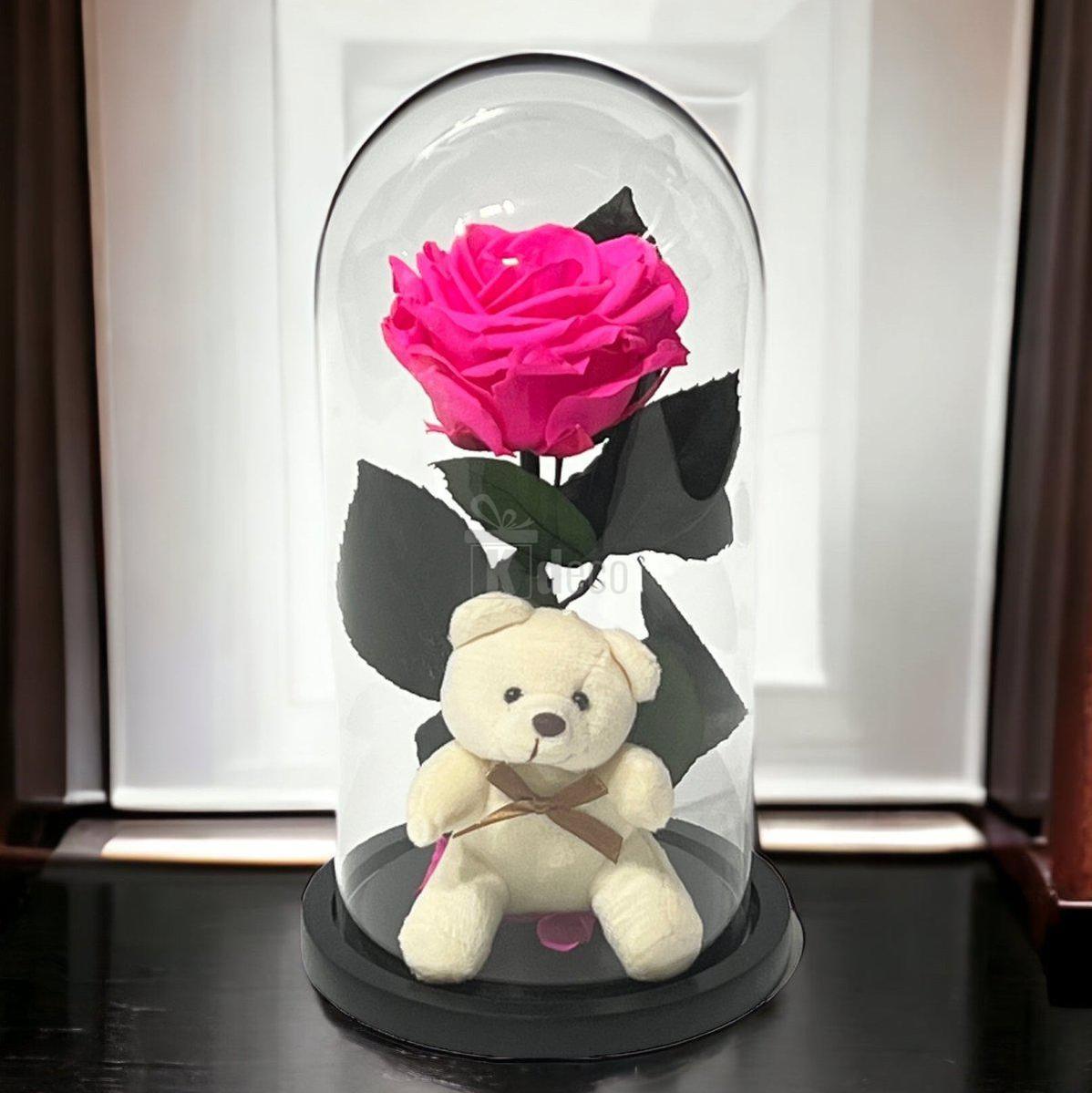 Trandafir Criogenat Premium Ciclam 8cm cu Ursulet - Cupola Sticla - Cadou Etern 25 Ani - Kdeco.ro