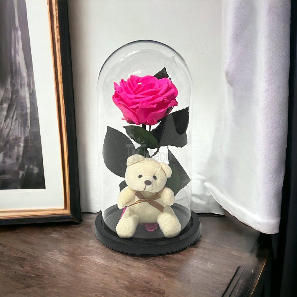 Trandafir Criogenat Premium Ciclam 8cm cu Ursulet - Cupola Sticla - Cadou Etern 25 Ani - Kdeco.ro
