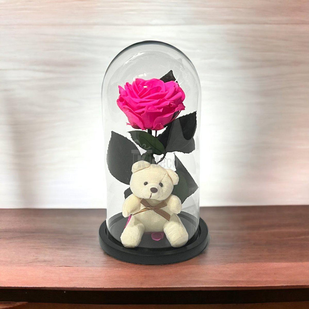 Trandafir Criogenat Premium Ciclam 8cm cu Ursulet - Cupola Sticla - Cadou Etern 25 Ani - Kdeco.ro