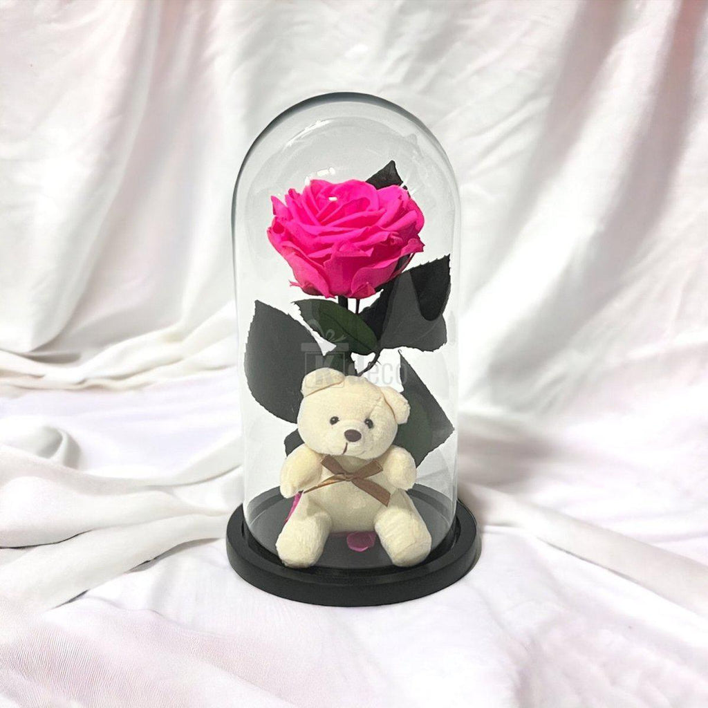 Trandafir Criogenat Premium Ciclam 8cm cu Ursulet - Cupola Sticla - Cadou Etern 25 Ani - Kdeco.ro