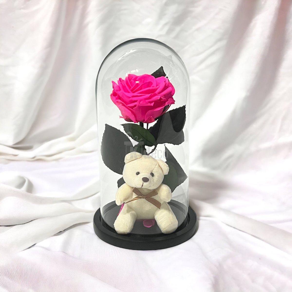 Trandafir Criogenat Premium Ciclam 8cm cu Ursulet - Cupola Sticla - Cadou Etern 25 Ani - Kdeco.ro