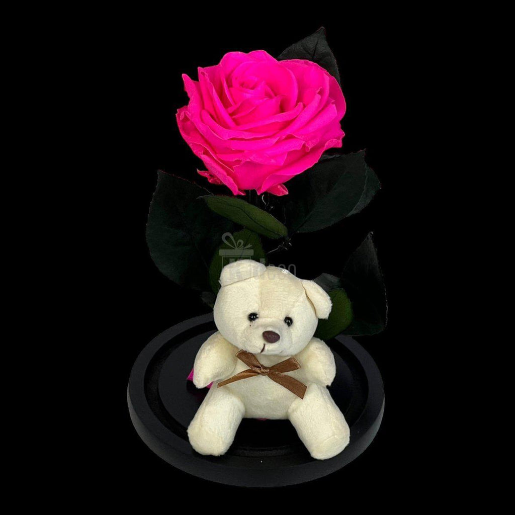 Trandafir Criogenat Premium Ciclam 8cm cu Ursulet - Cupola Sticla - Cadou Etern 25 Ani - Kdeco.ro