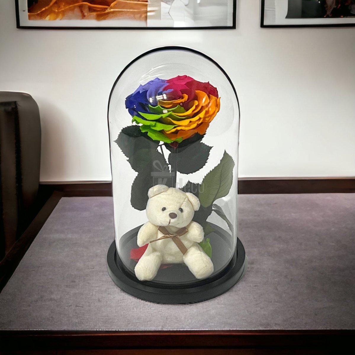 Trandafir Criogenat Nemuritor Bonita Multicolor, Cupola de Sticlă cu Ursuleț - Kdeco.ro