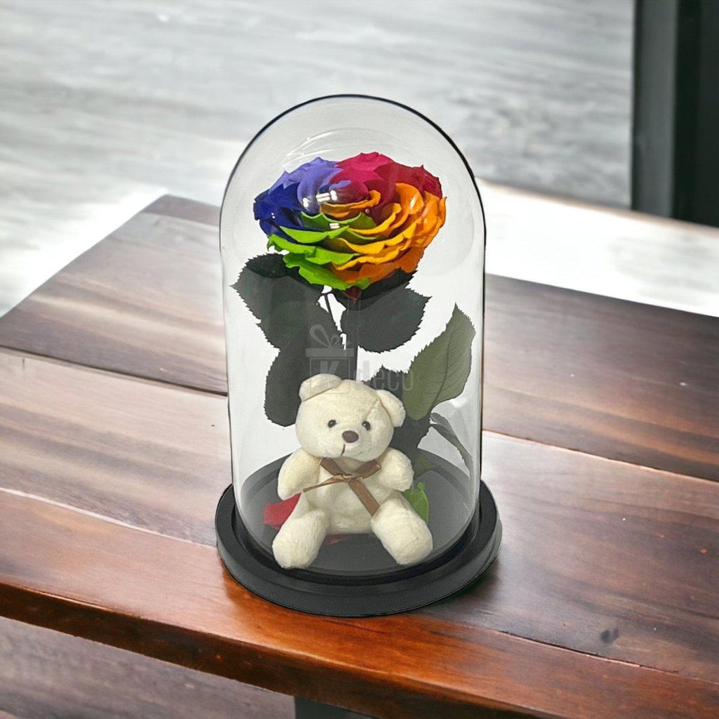 Trandafir Criogenat Nemuritor Bonita Multicolor, Cupola de Sticlă cu Ursuleț - Kdeco.ro