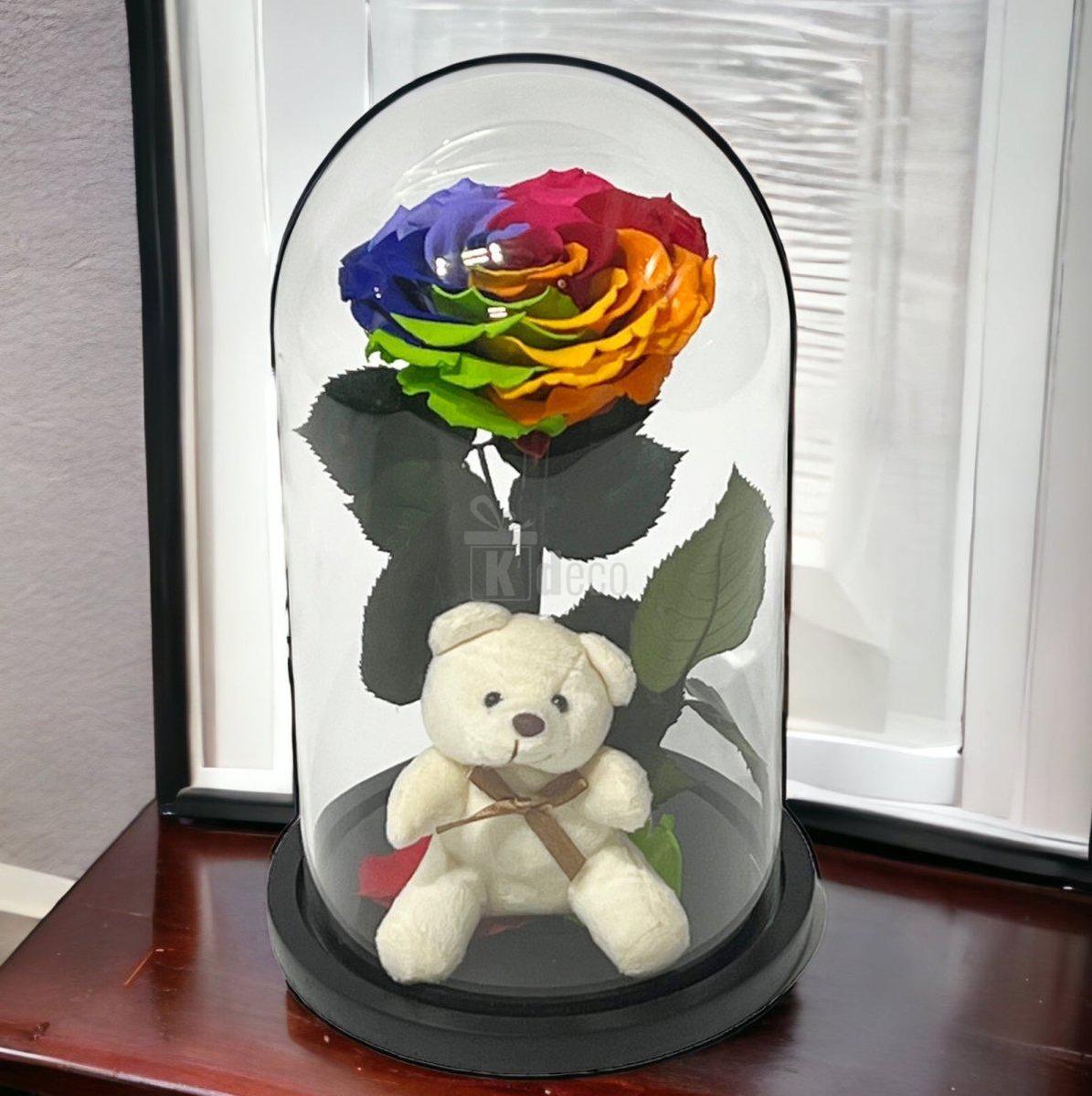 Trandafir Criogenat Nemuritor Bonita Multicolor, Cupola de Sticlă cu Ursuleț - Kdeco.ro