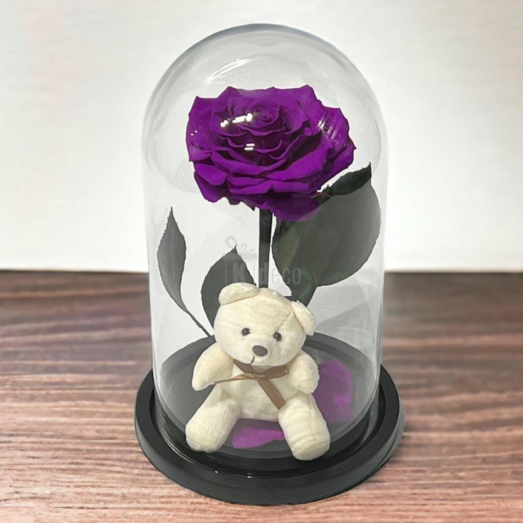 Trandafir Criogenat Șic Bonita Purpuriu în Cupolă de Sticlă 15x25cm cu Ursuleț - Kdeco.ro