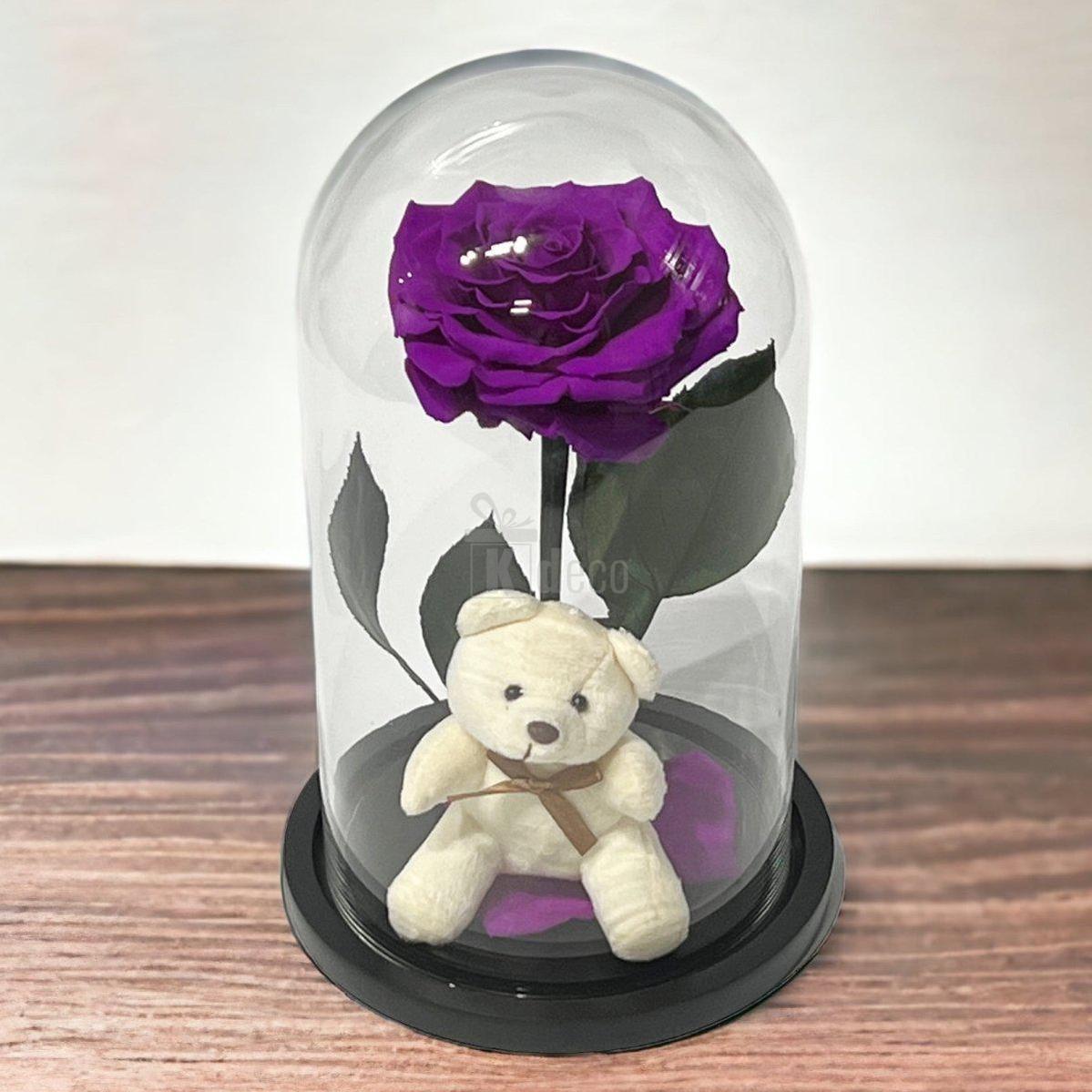 Trandafir Criogenat Șic Bonita Purpuriu în Cupolă de Sticlă 15x25cm cu Ursuleț - Kdeco.ro
