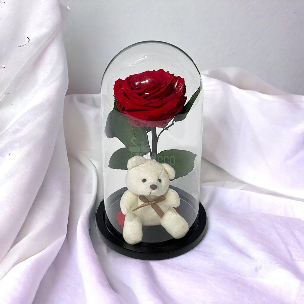 Trandafir Criogenat Premium Rosu cu Ursulet in Cupola de Sticla (8cm) - Kdeco.ro