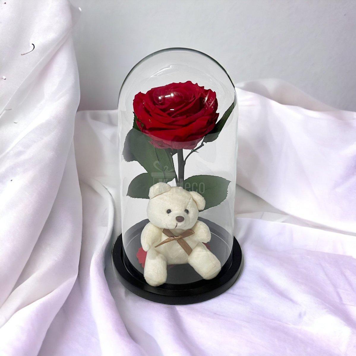 Trandafir Criogenat Premium Rosu cu Ursulet in Cupola de Sticla (8cm) - Kdeco.ro