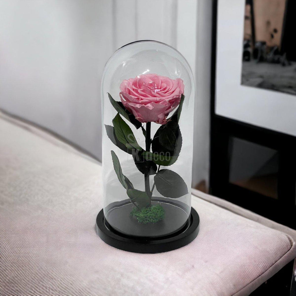 Trandafir Criogenat Elegant Roz Deschis în Cupolă de Sticlă, decor romantic și rafinat pentru femei, în categoria cadouri top sales.