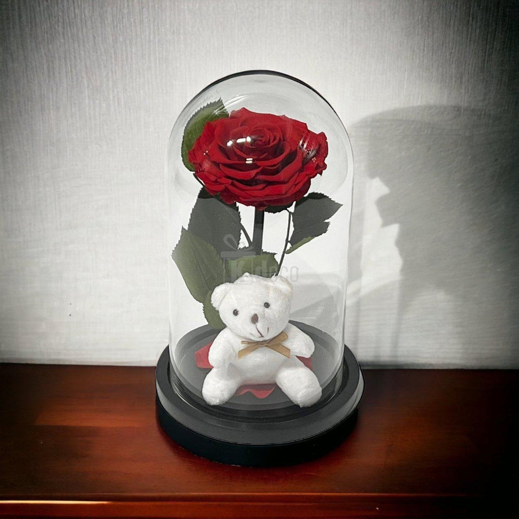 Trandafir Criogenat Nemuritor Bonita Rosu in Cupola Mare cu Ursulet - Kdeco.ro