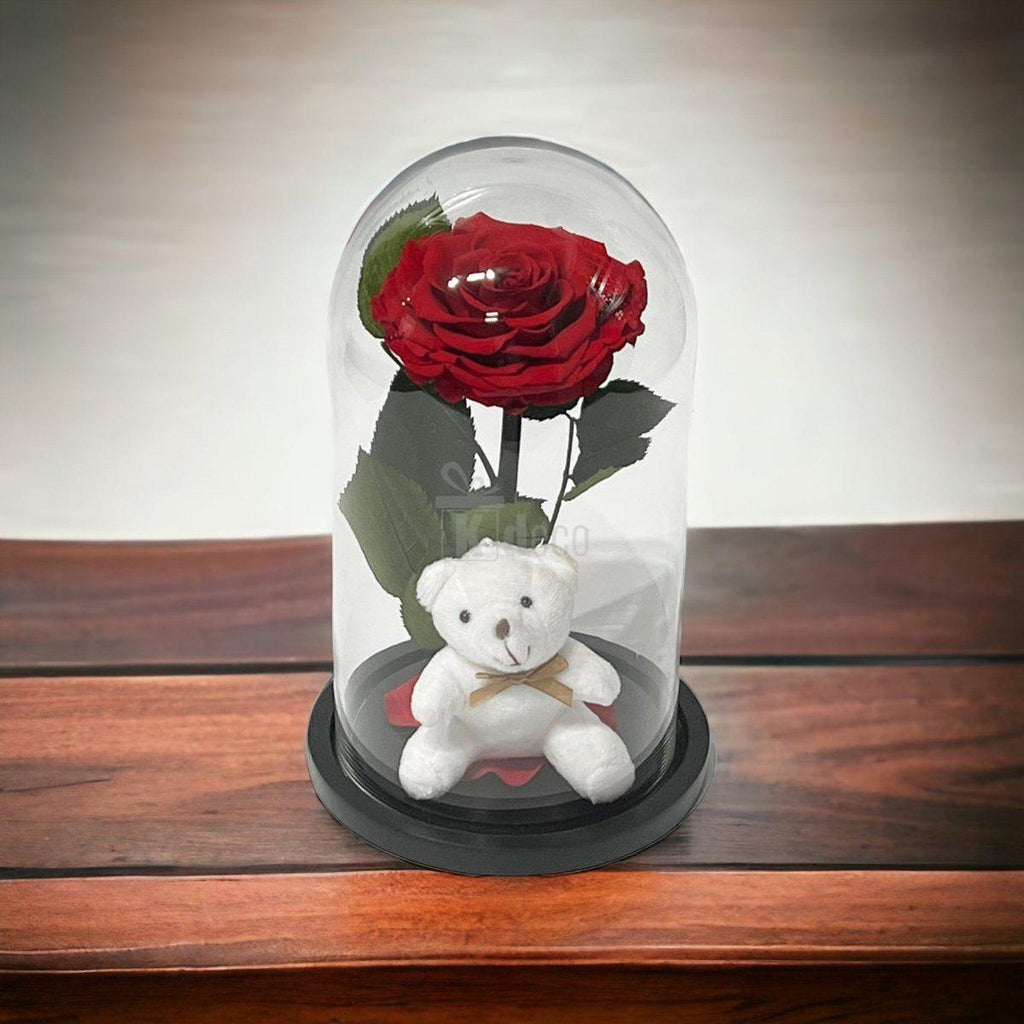 Trandafir Criogenat Nemuritor Bonita Rosu in Cupola Mare cu Ursulet - Kdeco.ro