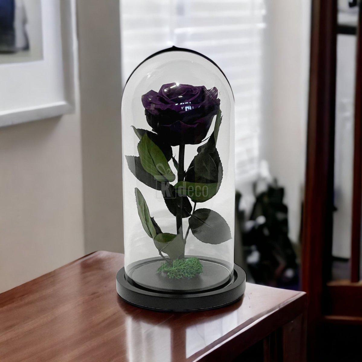 Trandafir Criogenat Etern Mov în cupolă de sticlă, expus pe mobilier din lemn, perfect pentru decor romantic și cadouri personalizate.