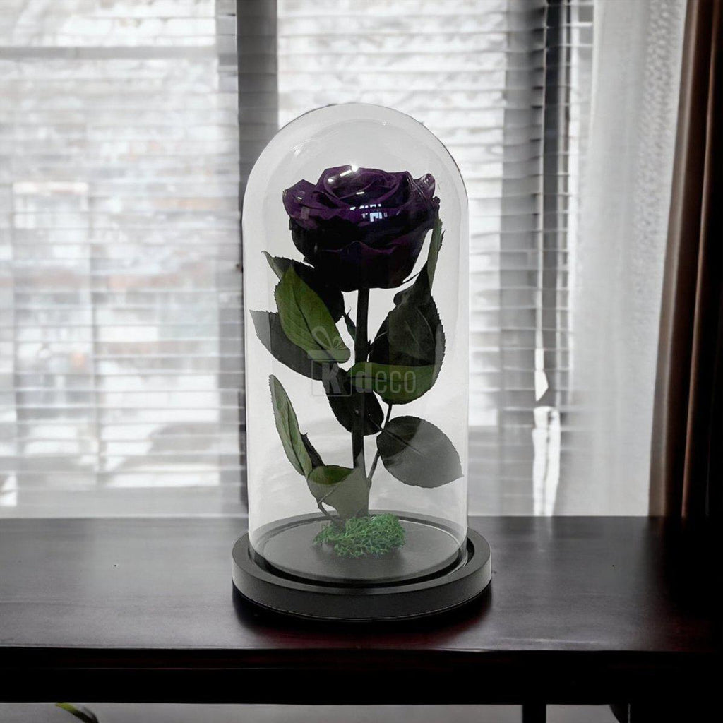Trandafir Criogenat Etern Mov în cupolă de sticlă, plasat pe masă lângă fereastră, cadou nemuritor pentru femei și aniversări.