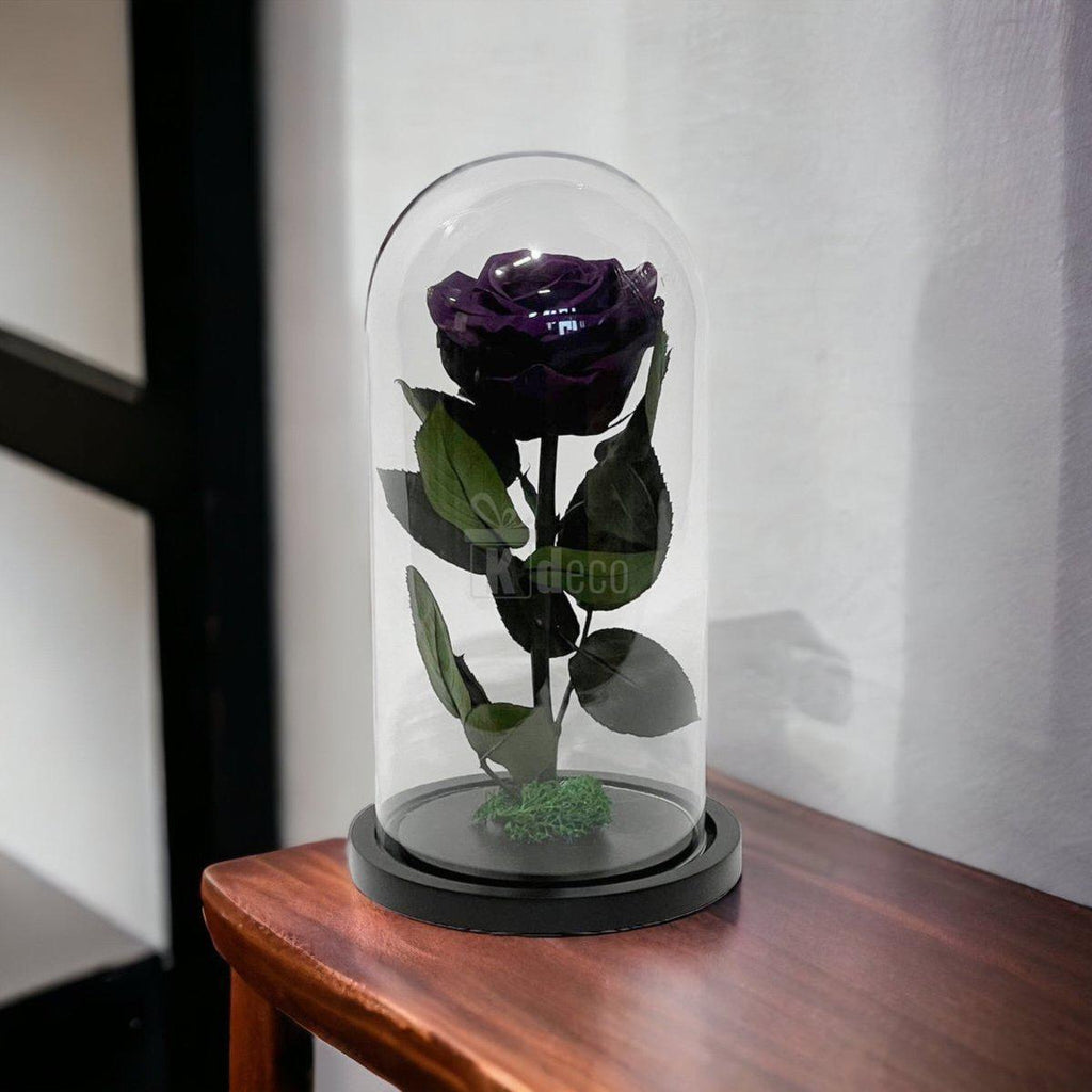 Trandafir Criogenat Etern Mov în cupolă de sticlă, decor elegant pe noptieră, ideal pentru cadouri de ziua îndrăgostiților sau 8 martie.