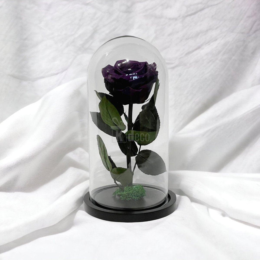 Trandafir Criogenat Etern Mov în cupolă de sticlă, aranjament floral pe fundal alb, cadou rafinat pentru femei și ocazii speciale.