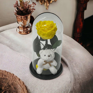Trandafir Criogenat Galben 8cm Premium in Cupola de Sticla cu Ursulet - Kdeco.ro