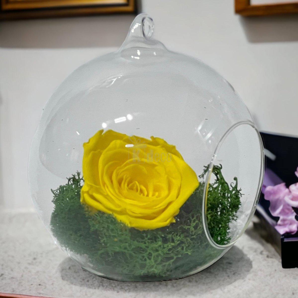 Trandafir Criogenat Galben în Glob de Sticlă 12cm - Rezistență 25 ani - Kdeco.ro