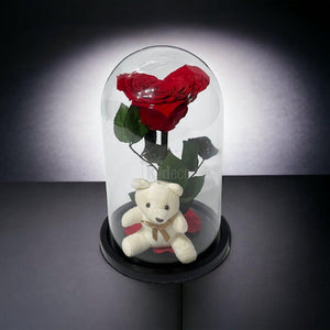 Trandafir Criogenat în Forma de Inimă Roșie cu Ursuleț - Cupolă Mare (9cm) - Kdeco.ro