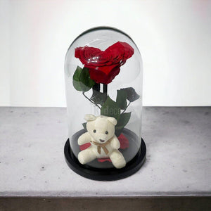 Trandafir Criogenat în Forma de Inimă Roșie cu Ursuleț - Cupolă Mare (9cm) - Kdeco.ro
