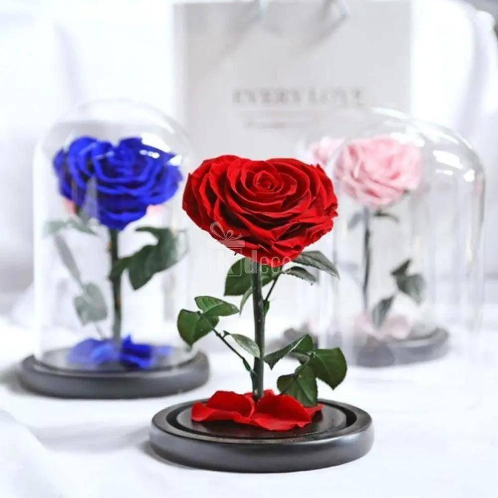 Trandafir Criogenat inima rosie Ø9cm in cupola sticla 15x25cm - Kdeco.ro