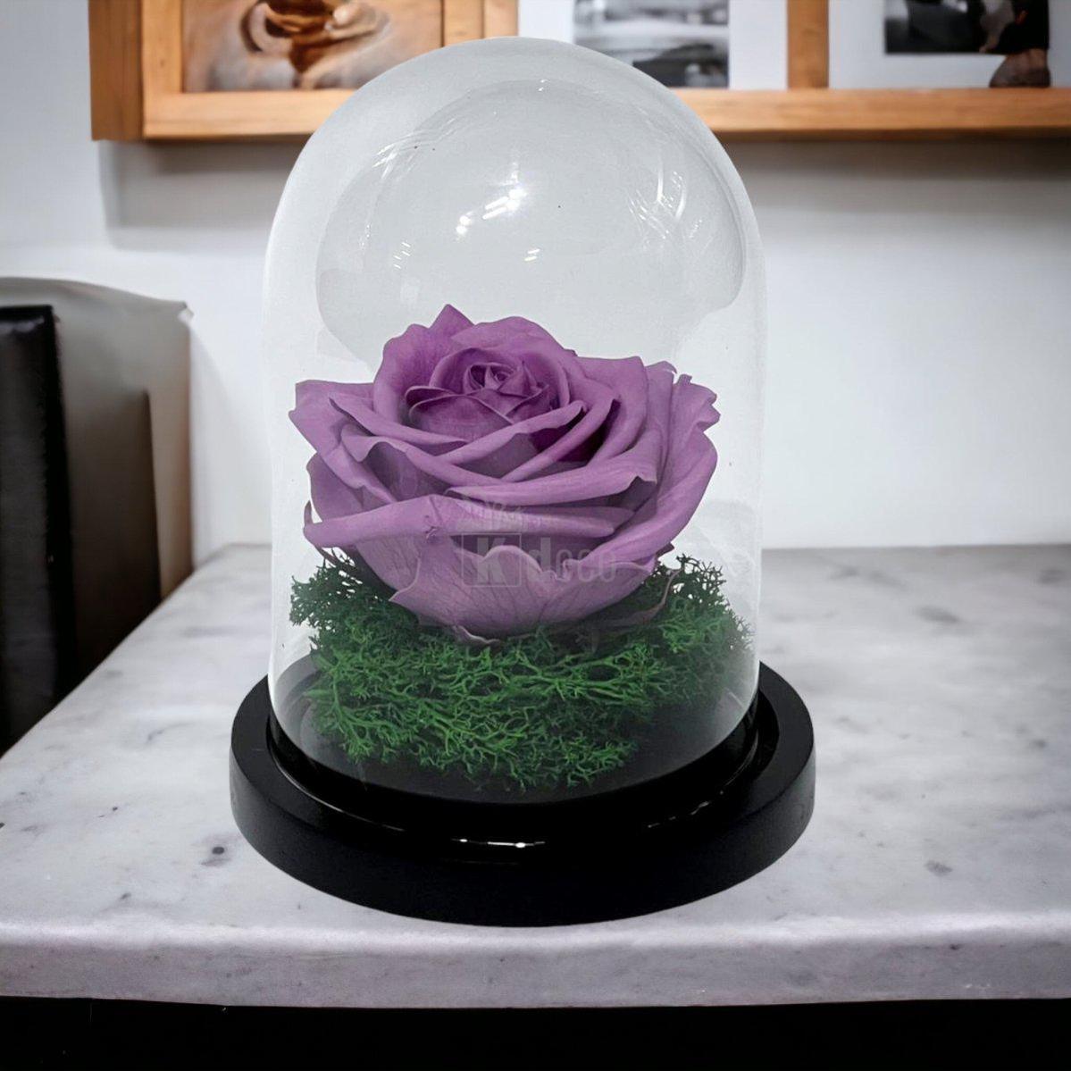 Trandafir Criogenat Premium Lila în Cupolă de Sticlă, 8cm, Personalizabil - Kdeco.ro