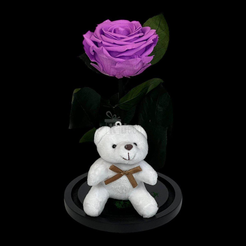Trandafir Criogenat Premium Lila-Intens în Cupolă de Sticlă cu Ursuleț, 8cm - Cadou Perfect pentru Ea - Kdeco.ro