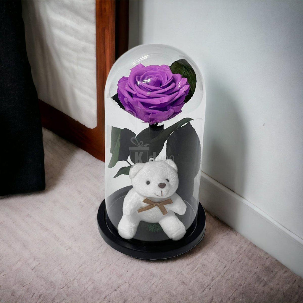 Trandafir Criogenat Premium Lila-Intens în Cupolă de Sticlă cu Ursuleț, 8cm - Cadou Perfect pentru Ea - Kdeco.ro