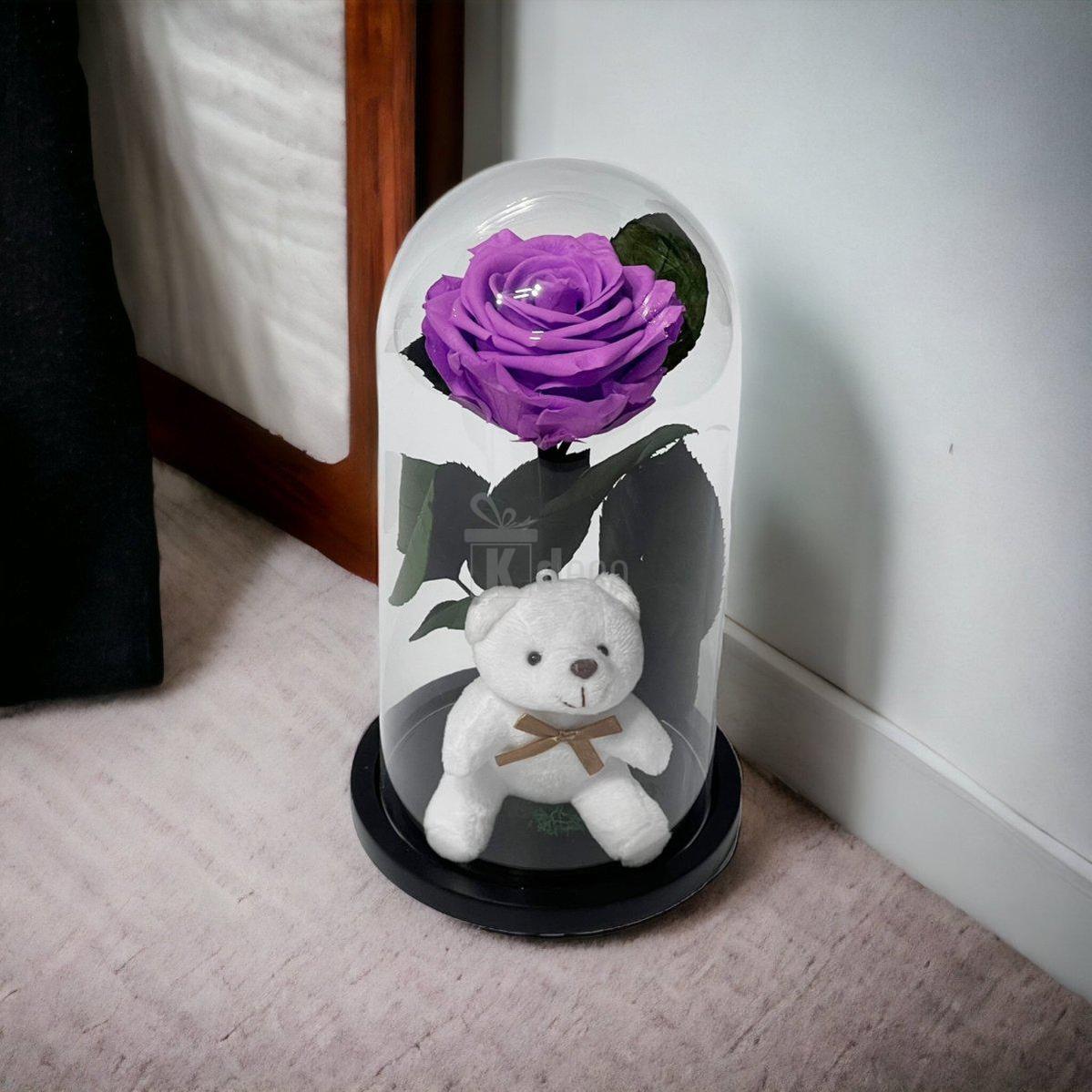 Trandafir Criogenat Premium Lila-Intens în Cupolă de Sticlă cu Ursuleț, 8cm - Cadou Perfect pentru Ea - Kdeco.ro