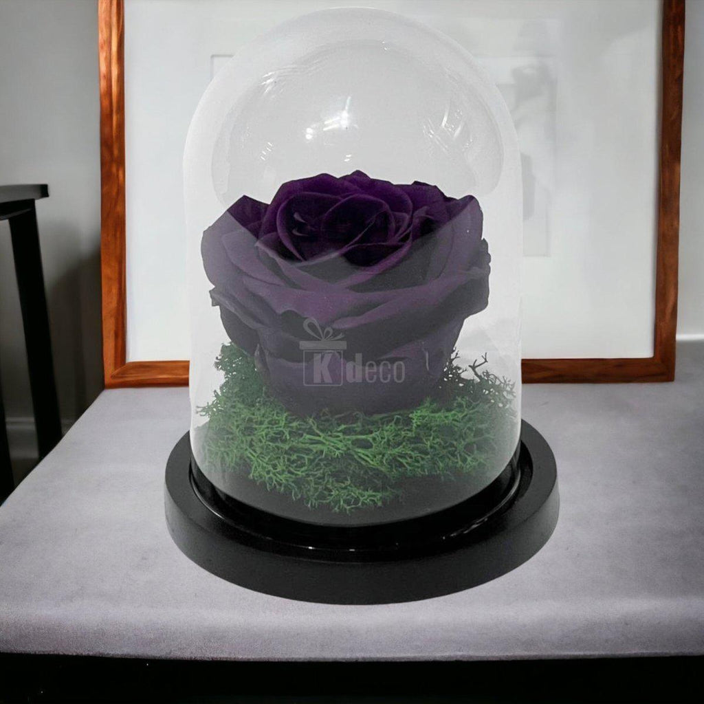 Trandafir Criogenat Premium Mov Inchis în Cupolă de Sticlă 8cm - Cadou Etern, Livrare Rapidă 24h - Kdeco.ro