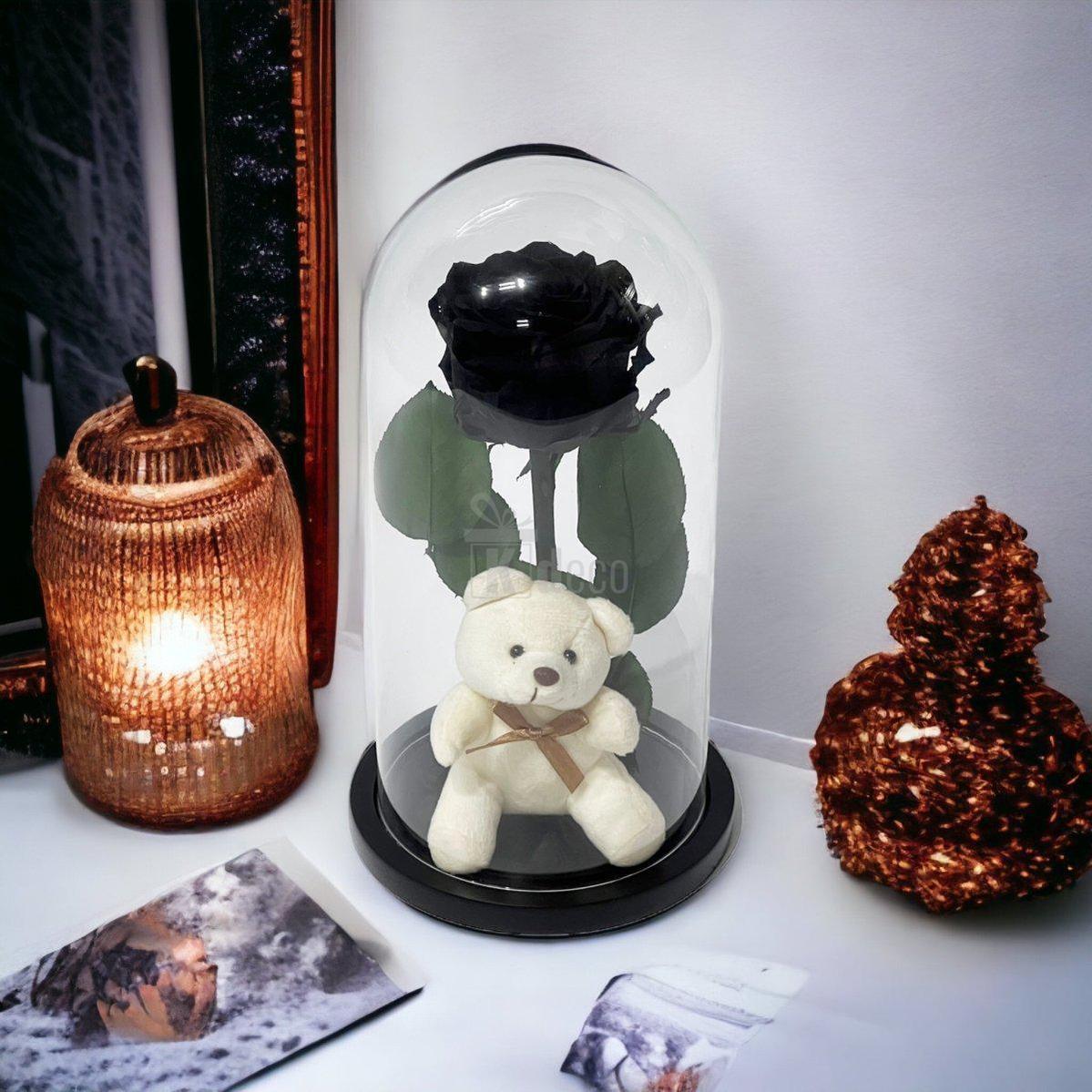 Trandafir Criogenat Premium Negru în Cupolă de Sticlă cu Ursuleț - Kdeco.ro