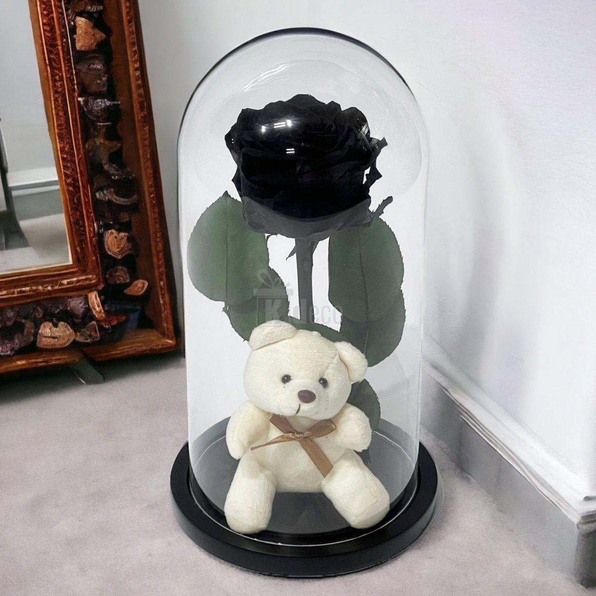 Trandafir Criogenat Premium Negru în Cupolă de Sticlă cu Ursuleț - Kdeco.ro