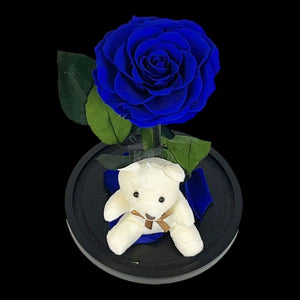 Trandafir Criogenat Nemuritor Bonita Albastru 9-9.5cm in Cupola 15x25cm cu Ursulet - Kdeco.ro