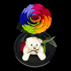 Trandafir Criogenat Nemuritor Bonita Multicolor, Cupola de Sticlă cu Ursuleț - Kdeco.ro