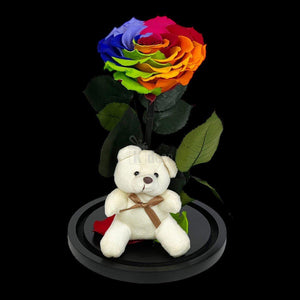 Trandafir Criogenat Nemuritor Bonita Multicolor, Cupola de Sticlă cu Ursuleț - Kdeco.ro