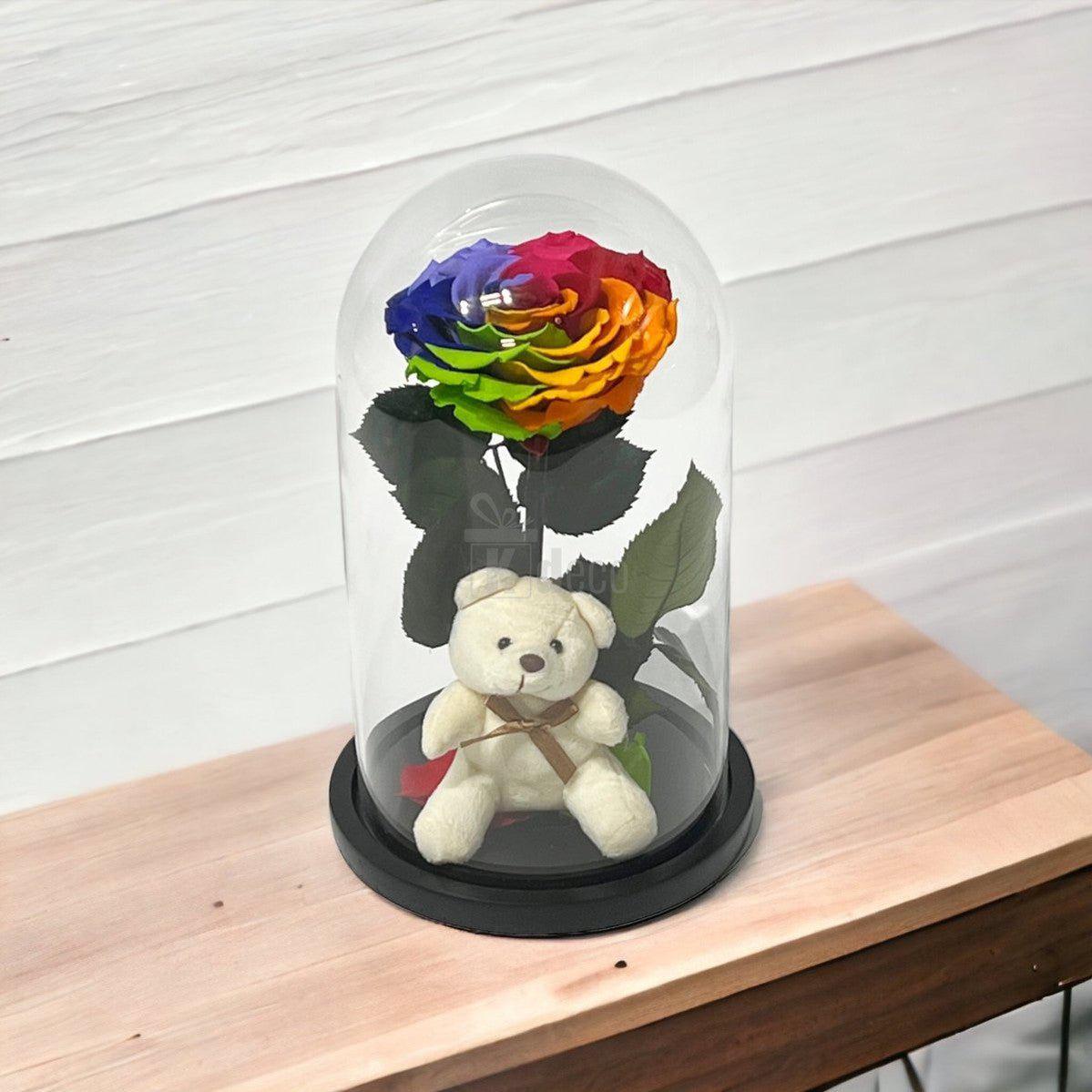 Trandafir Criogenat Nemuritor Bonita Multicolor, Cupola de Sticlă cu Ursuleț - Kdeco.ro
