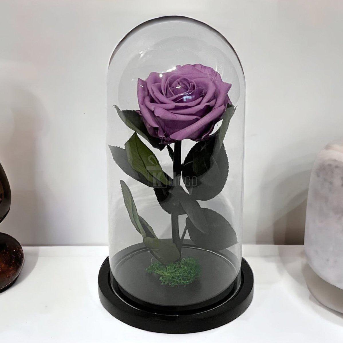 Trandafir Criogenat Etern Lila în Cupolă de Sticlă Elegantă 12x25cm, perfect pentru cadouri deosebite și decor premium.