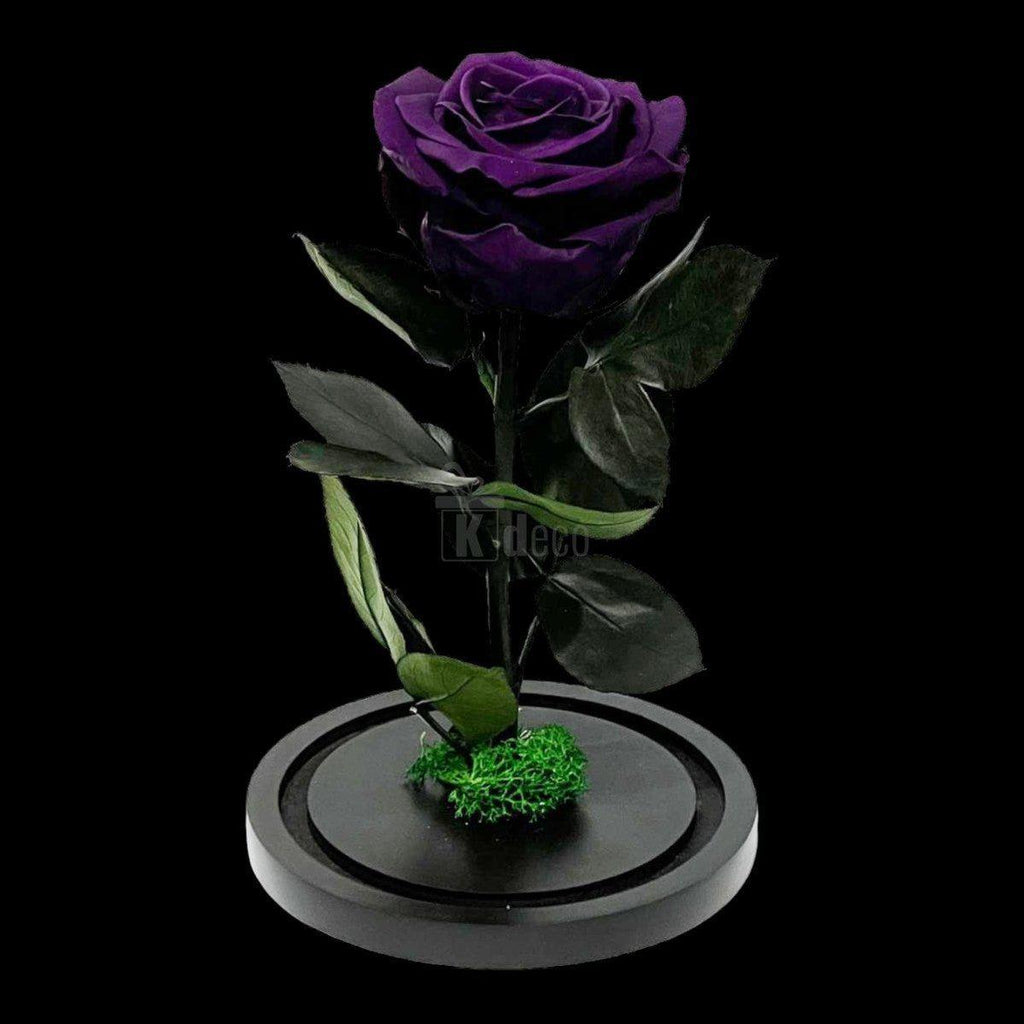 Trandafir Criogenat Etern Mov fără cupolă, pe suport rotund negru, ideal pentru cadouri elegante și aranjamente florale deosebite.