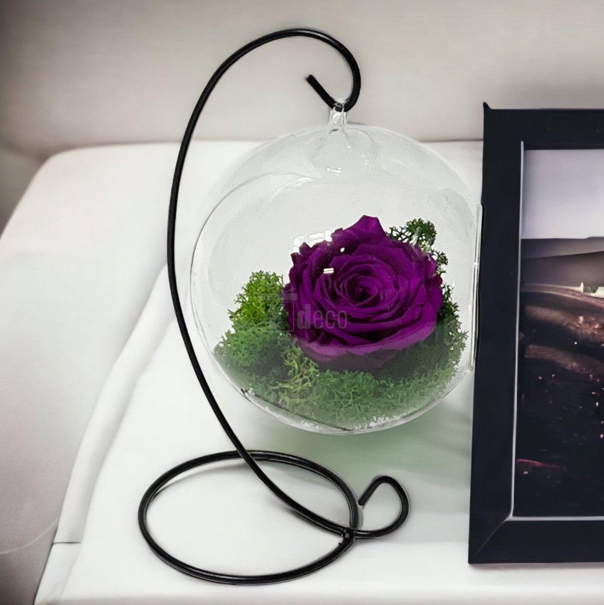 Trandafir Criogenat Nemuritor purpuriu XL în Glob de Sticlă Suspendat 12cm - Rezistă 25 de Ani - Kdeco.ro