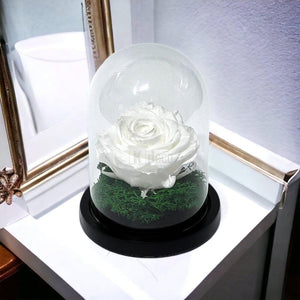 Trandafir Criogenat Premium Alb in Cupola de Sticla - 8cm Diametru, 10x15cm, Blat Lemn - Kdeco.ro