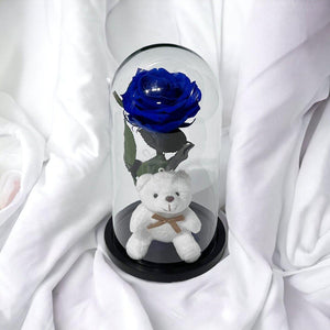Trandafir Criogenat Premium Albastru în Cupolă de Sticlă cu Ursuleț - Kdeco.ro