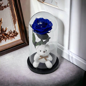 Trandafir Criogenat Premium Albastru în Cupolă de Sticlă cu Ursuleț - Kdeco.ro