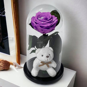 Trandafir Criogenat Premium Lila-Intens în Cupolă de Sticlă cu Ursuleț, 8cm - Cadou Perfect pentru Ea - Kdeco.ro