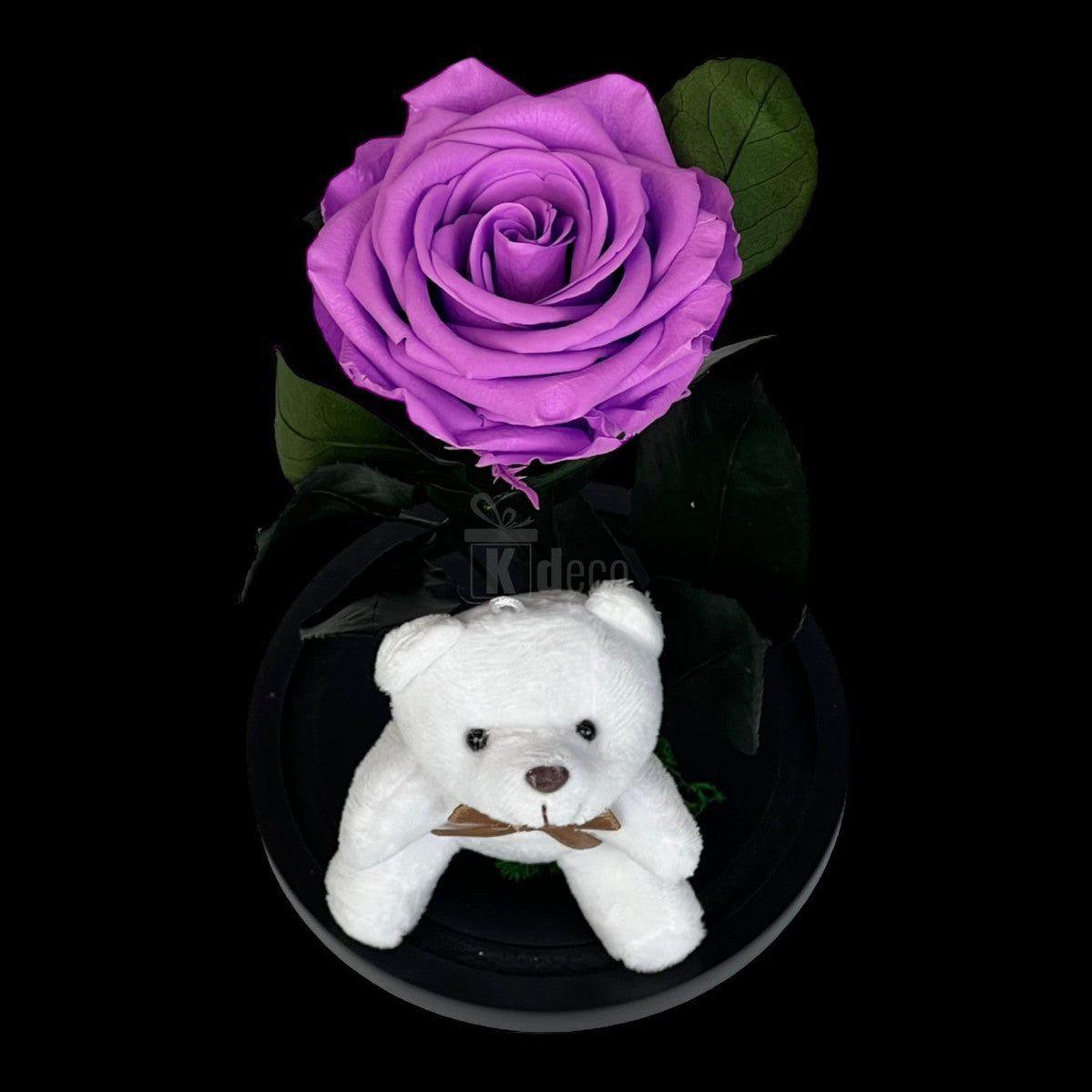 Trandafir Criogenat Premium Lila-Intens în Cupolă de Sticlă cu Ursuleț, 8cm - Cadou Perfect pentru Ea - Kdeco.ro