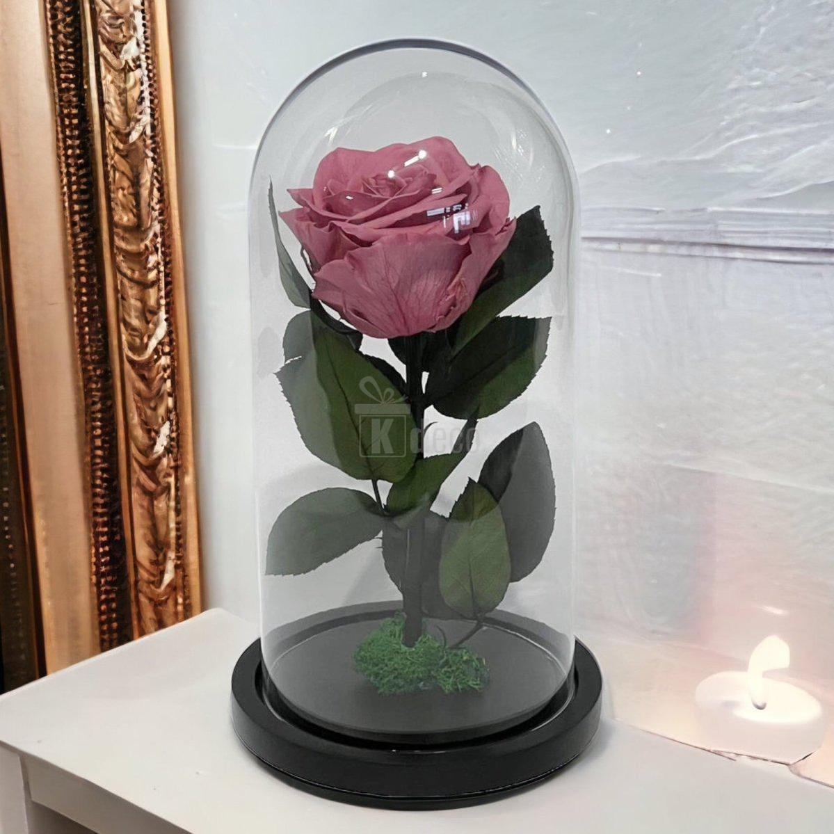 Trandafir Criogenat Premium Mov-Pudrat în cupolă de sticlă pe suport negru, cadou elegant și durabil pentru femei