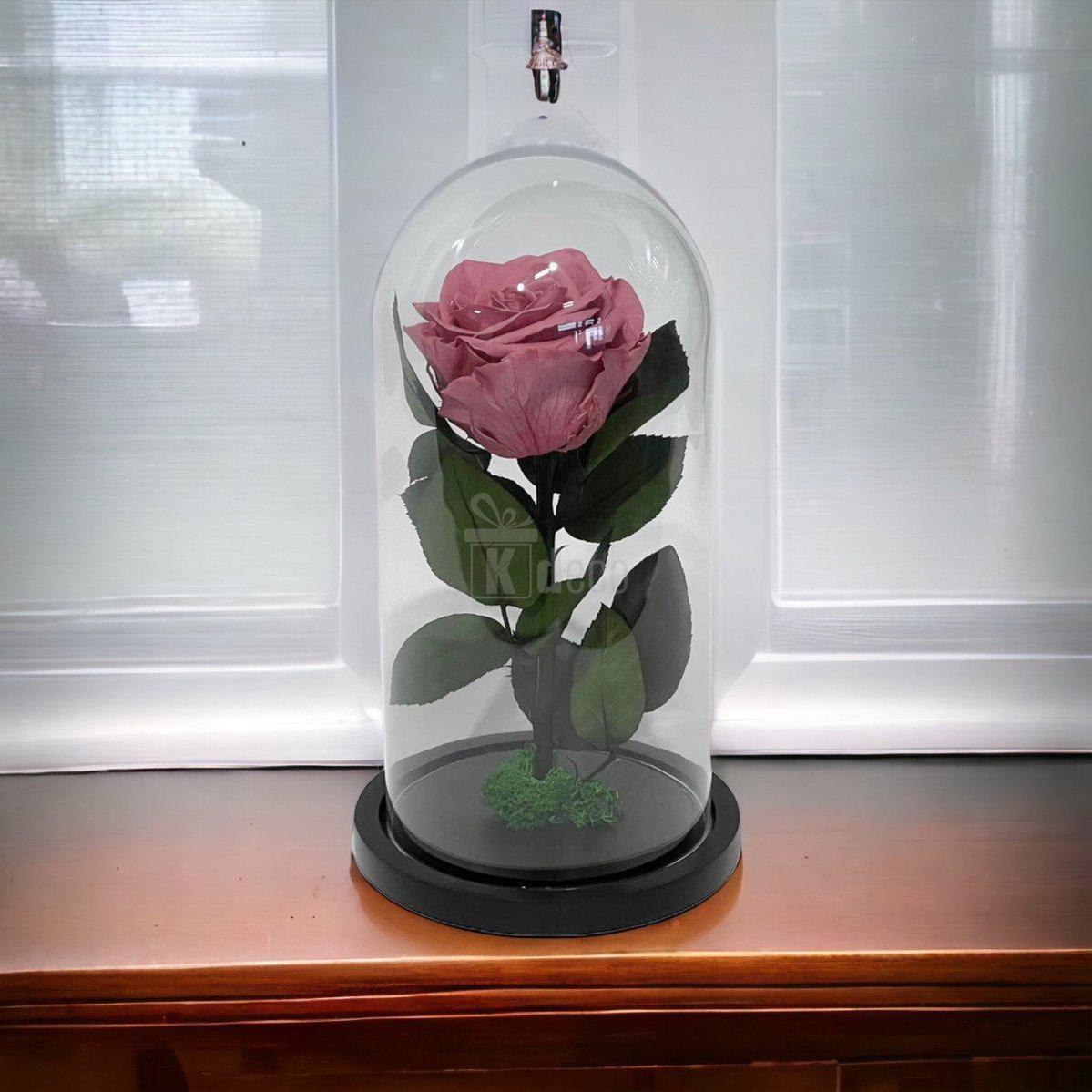 Trandafir Criogenat Premium Mov-Pudrat în cupolă de sticlă, amplasat pe pervaz, cadou nemuritor pentru ocazii speciale