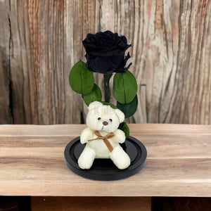 Trandafir Criogenat Premium Negru în Cupolă de Sticlă cu Ursuleț - Kdeco.ro