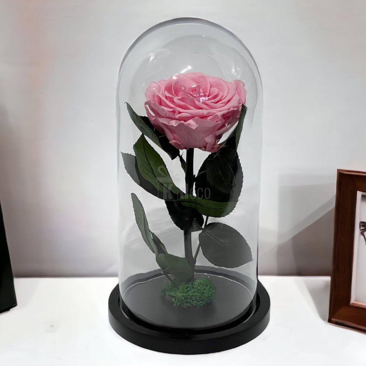 Trandafir Criogenat Elegant Roz Deschis în Cupolă de Sticlă, decor premium pentru cadouri deosebite, perfect pentru ocazii speciale.